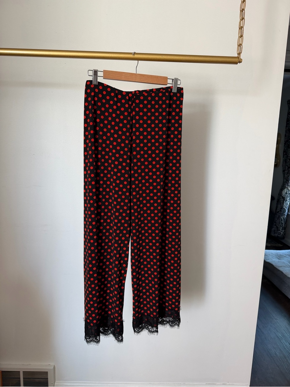 Women’s Black Red Polka Dot Lace-Hem Wide Leg Pants